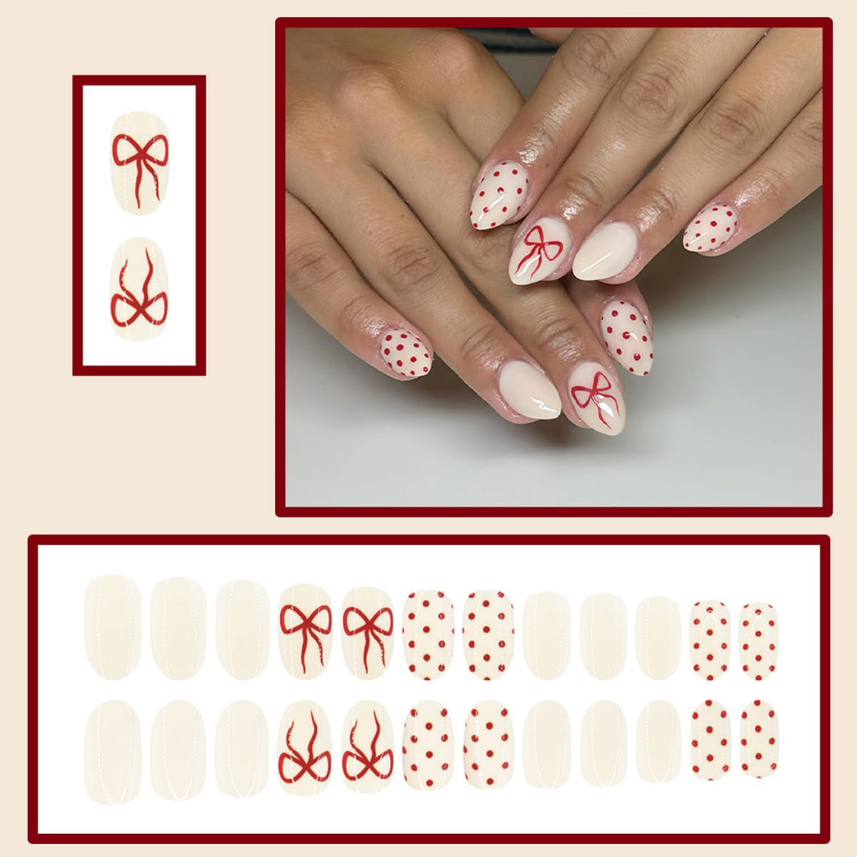 Uñas WUHCIM en forma almendra con lunares para manicure sofisticada.