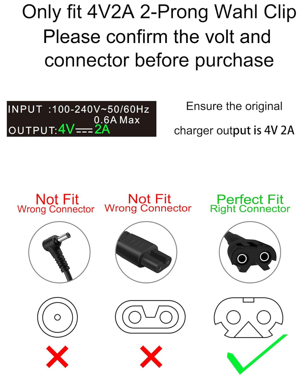 Verificación de voltaje y conector antes de comprar para Wahl 4V2A.
