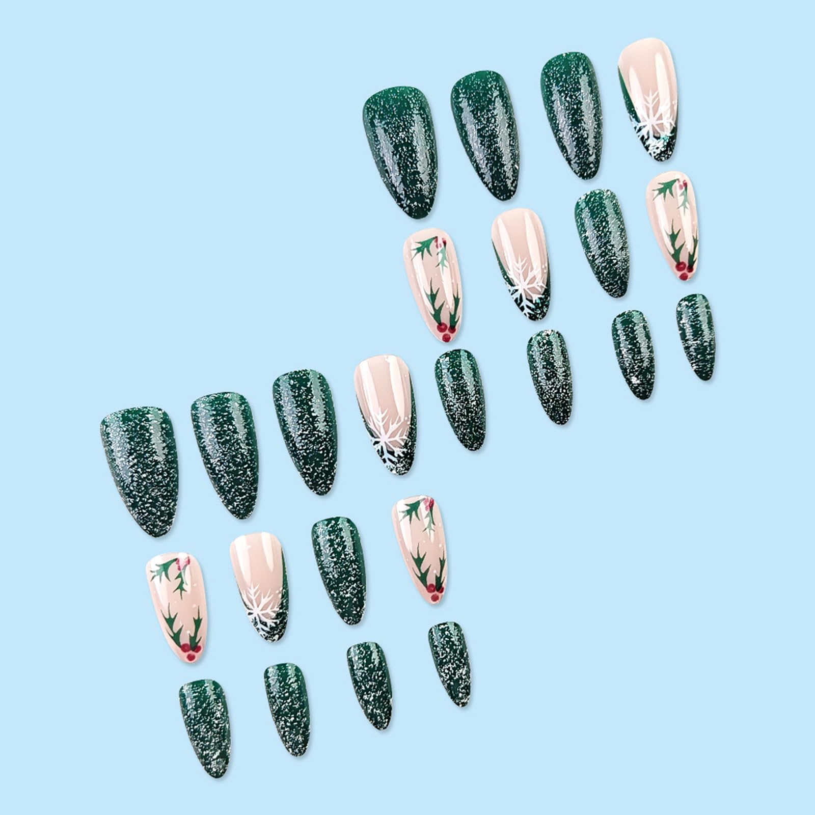 Diseño de copos de nieve en uñas francesas, WULIUFLY, acabado sobrio.