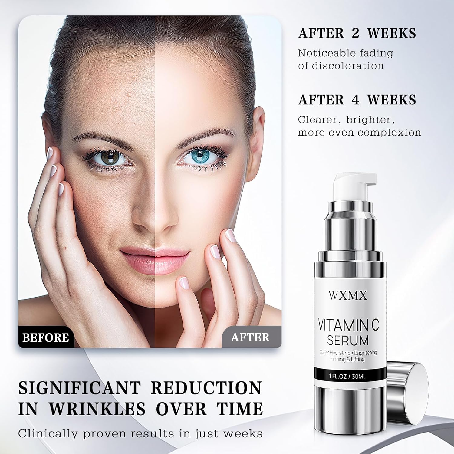Ingrédients WXMX vitamine C et acide hyaluronique pour teint frais.