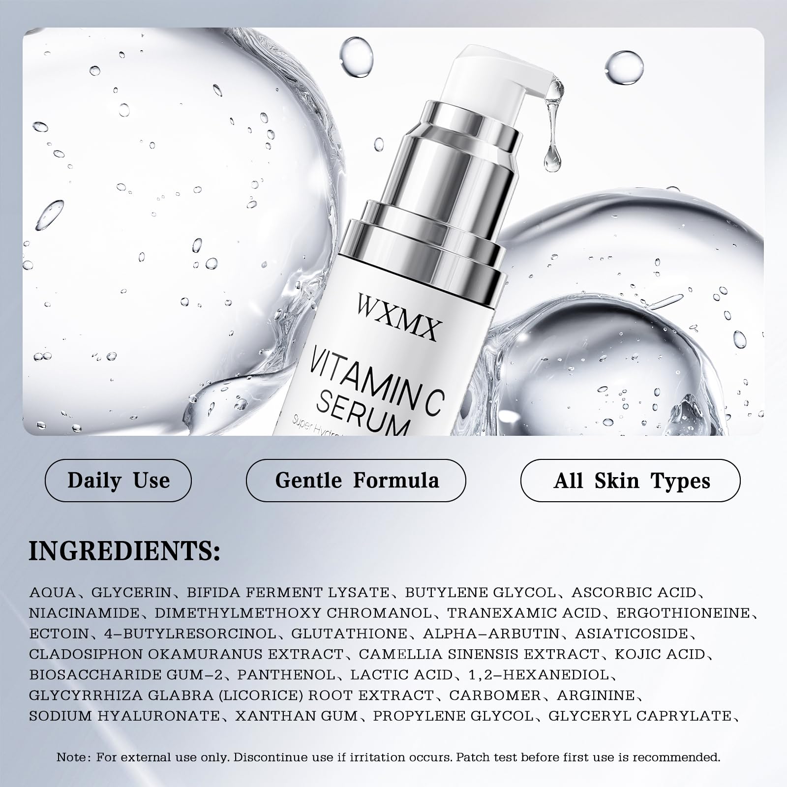 Sérum WXMX sur peau, effet anti‑âge doux et hydratant.