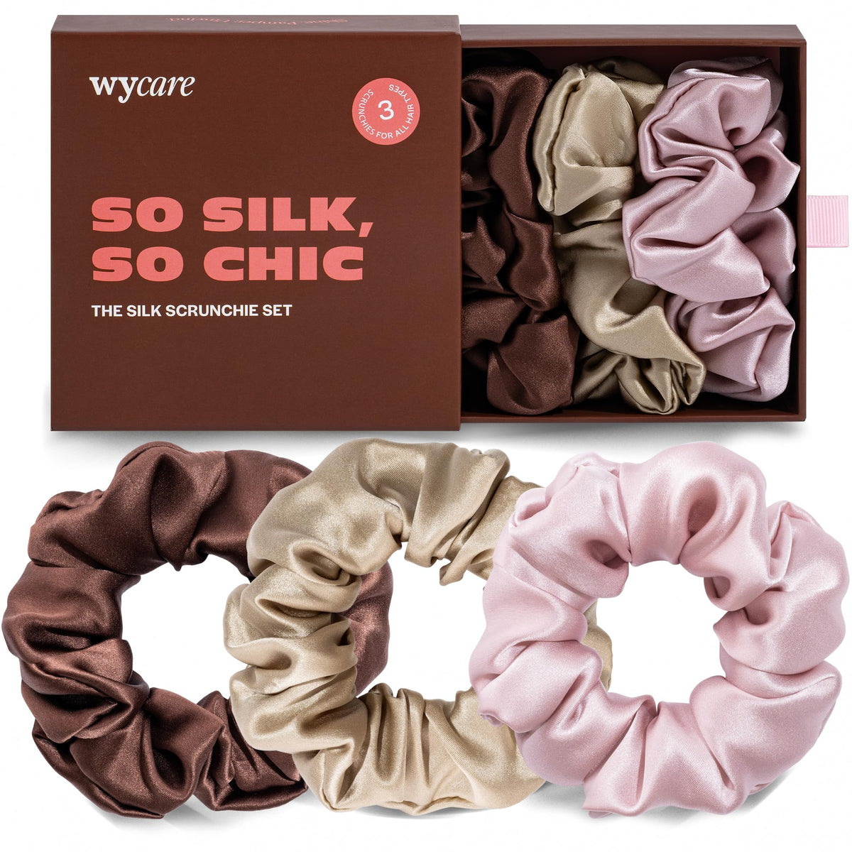 Wycare coletas de seda chocolate: suavidad lujosa para cabello sin nudos al despertar.