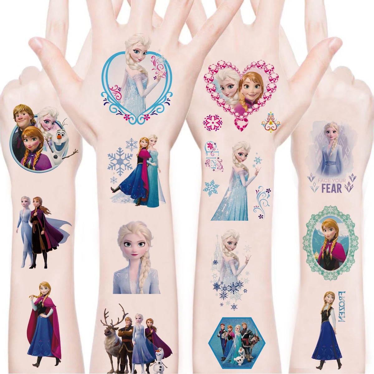 Tatuajes temporales WYKDAG Frozen con diseños animados para fiestas infantiles.