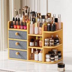 X-cosrack organiseur maquillage en bambou avec tiroirs pour un rangement clair.