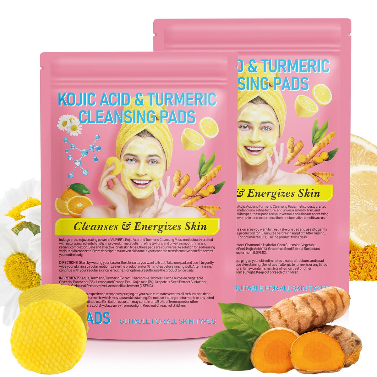 Xaarty dos-pack discos limpiadores curcuma-kojico para limpieza diaria de la piel