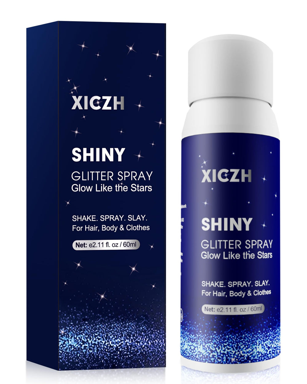 XICZH Body Glitter Spray bottle showing holographic silver glow for on-the-go shine