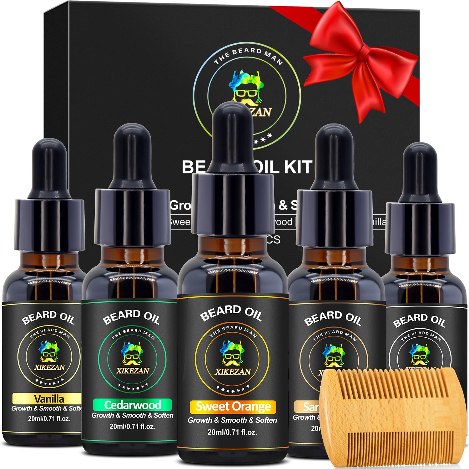 XIKEZAN beard oil sandalwood bottle for calm, woody scent during daily grooming.
