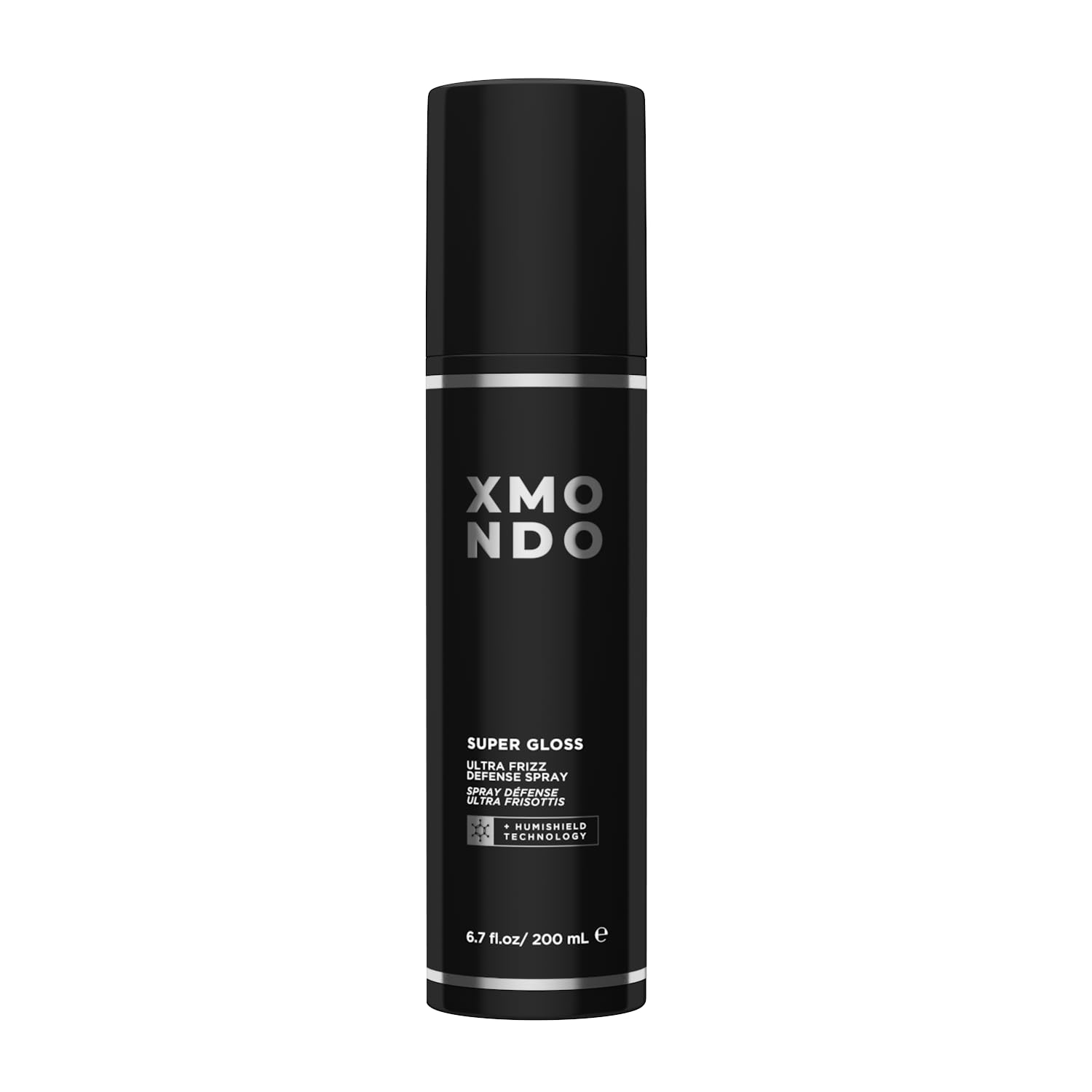 XMONDO Hair Super Gloss Spray sur bouteille, brillance et lissage visibles.