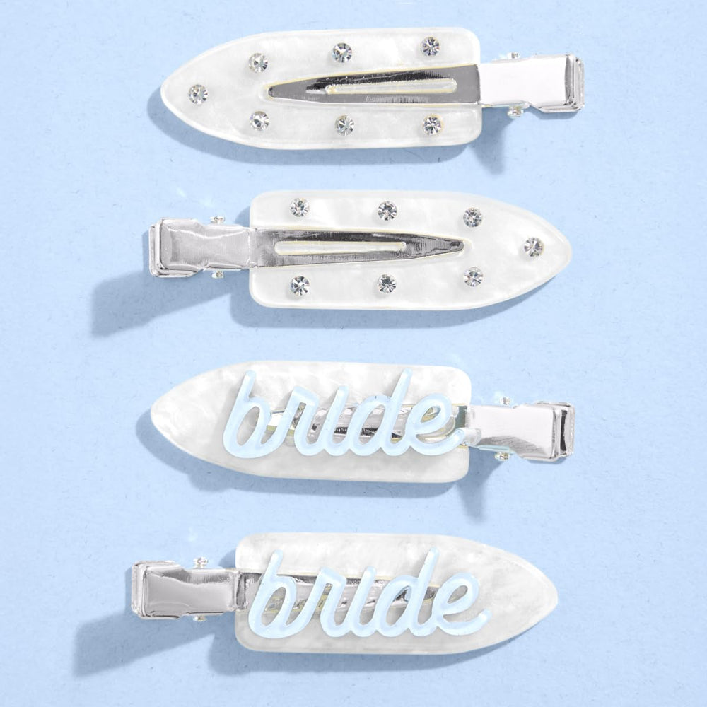 Clips de novia XO Fetti en blanco y azul con destellos para peinado.