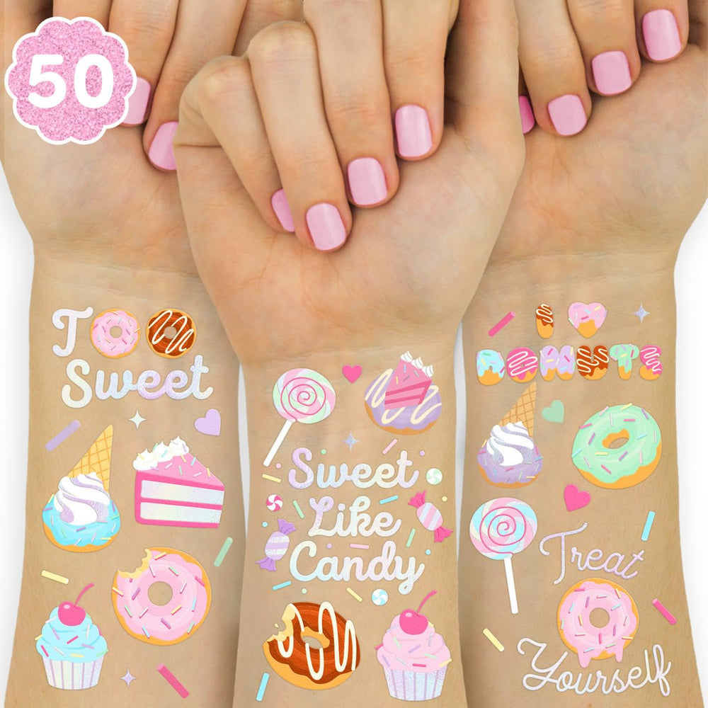 Tatuajes xo-fetti de donas irisadas para fiestas infantiles.