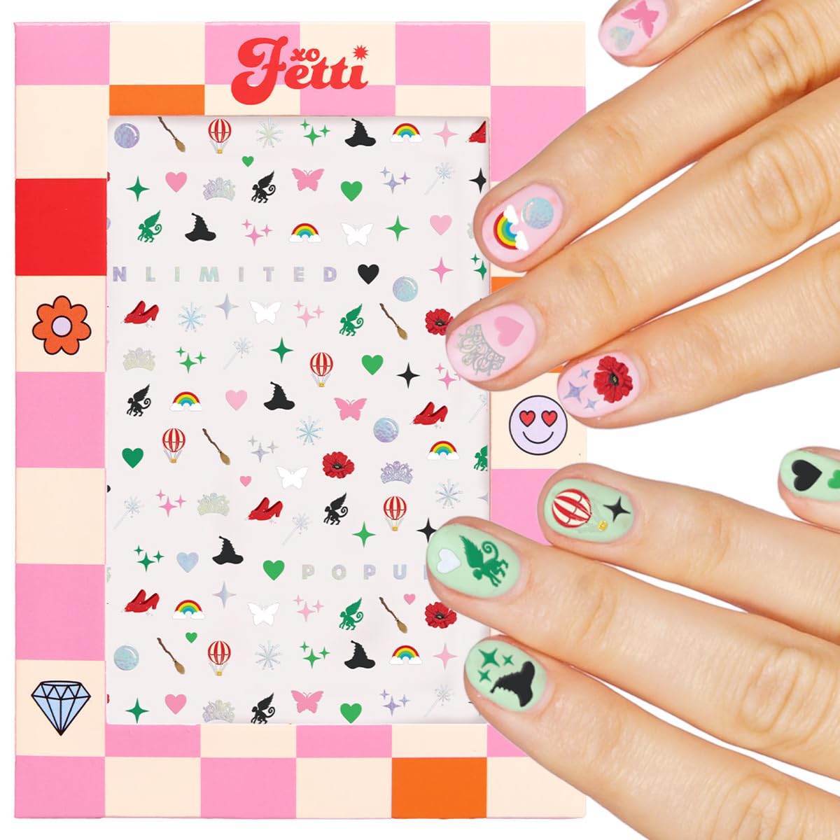 Pegatinas xo Fetti de uñas rosa y verde con brujas y coronas, ideales para fiestas.
