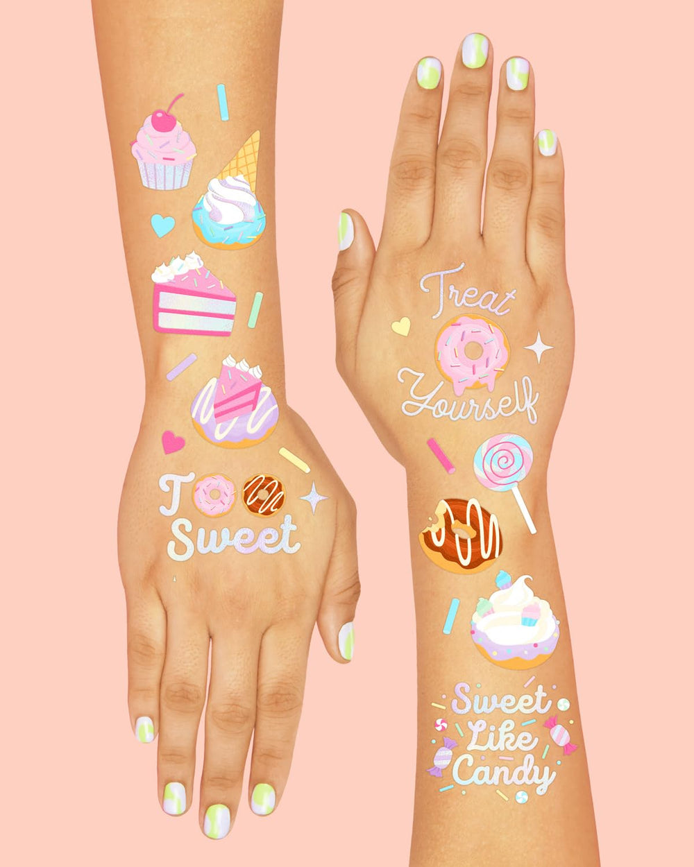 Tatuajes xo-fetti de rebanadas de pastel irisadas para decoración de mesa.
