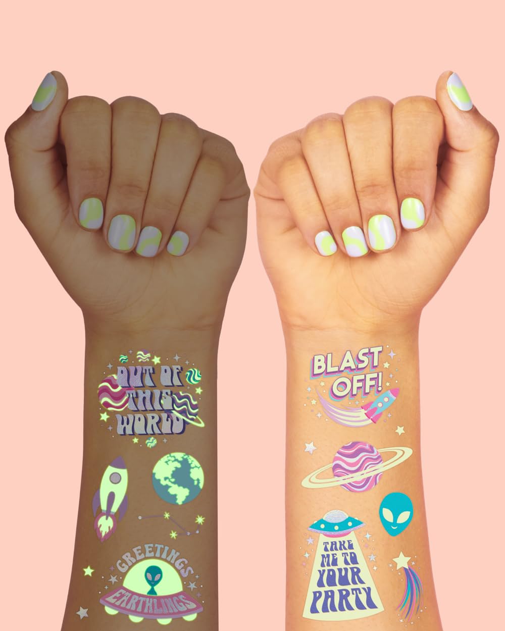 Tatuajes xo Fetti alienígenas para fiestas temáticas.