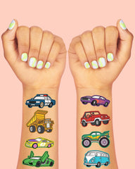 Tatuajes xo Fetti de coches musculosos con acabado metálico, divertidos para cumpleaños.