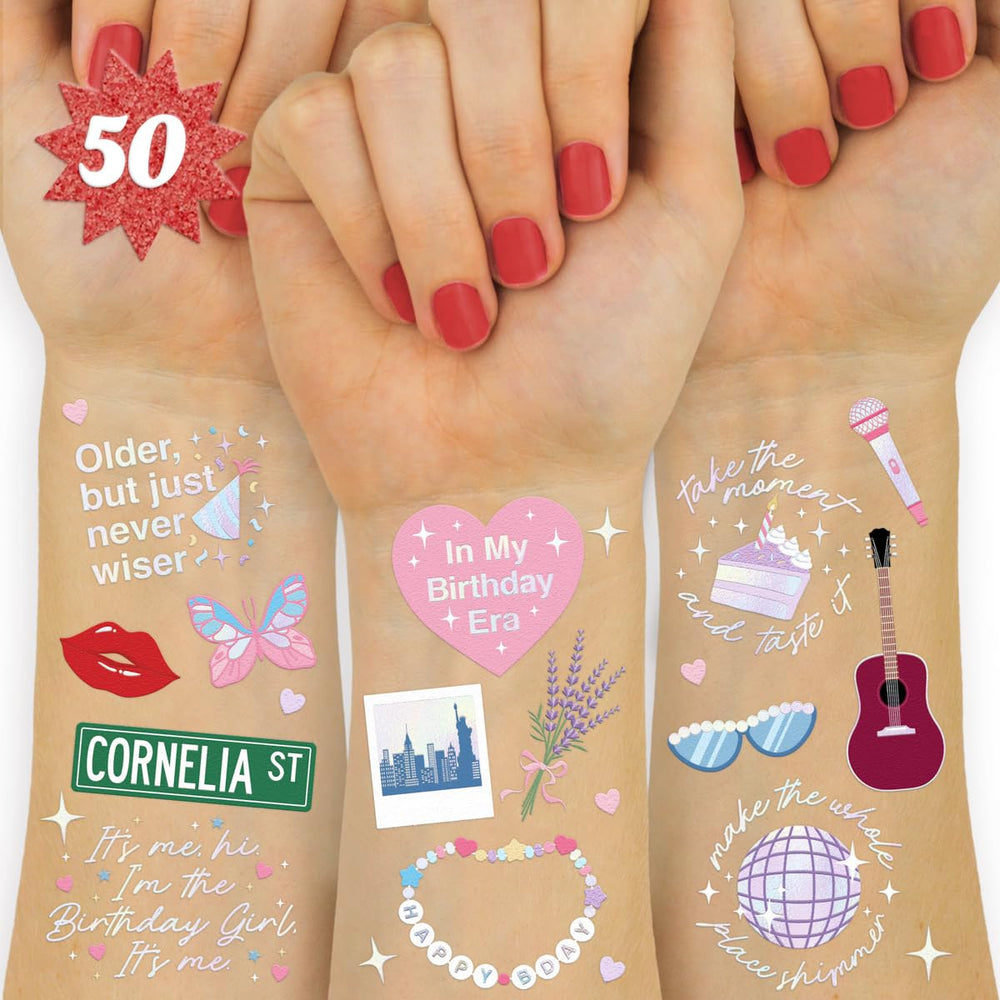 Tatuaje guitarra iridiscente XO Fetti para fiesta vibrante.