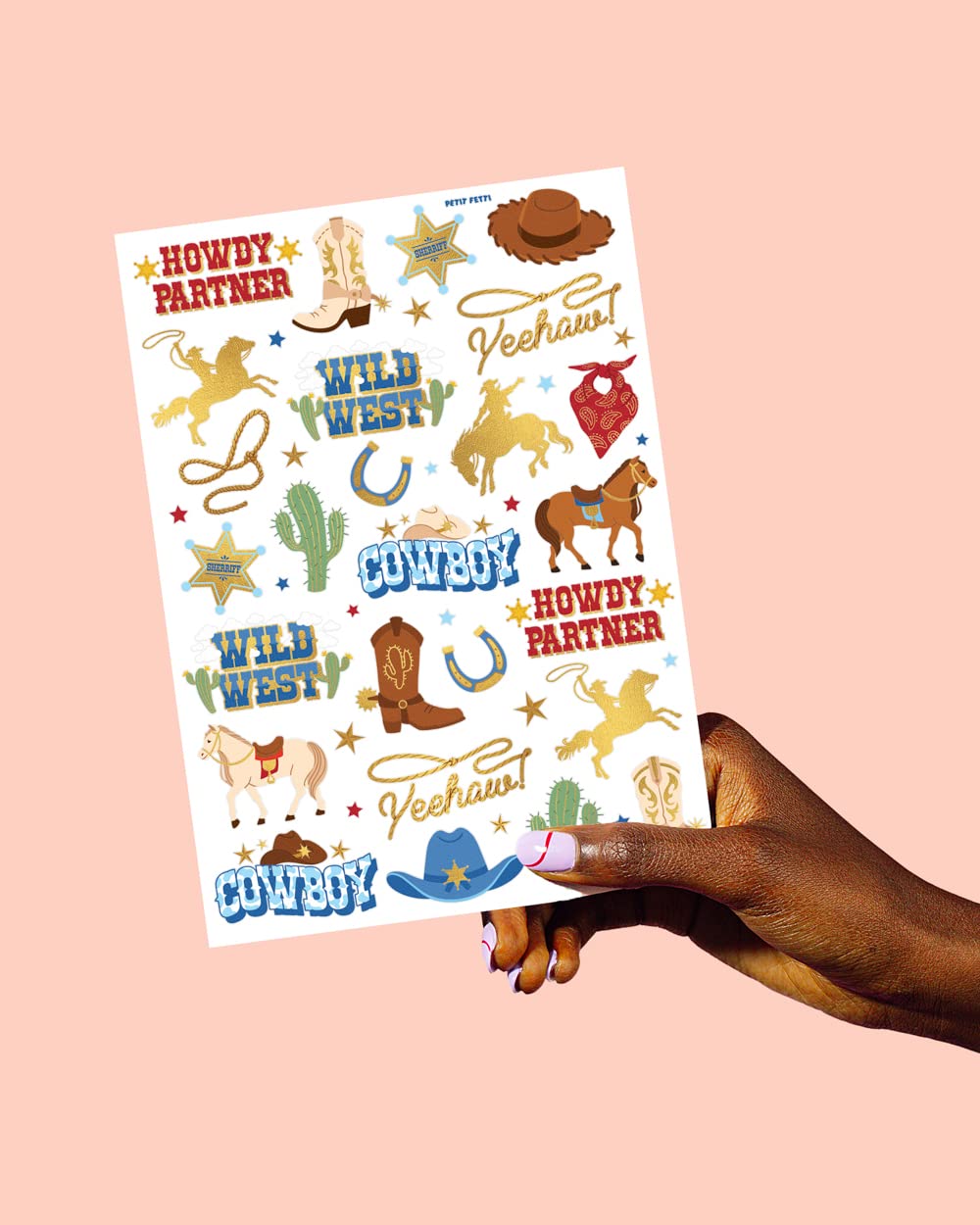 Tatuajes xo Fetti con diseños vaquero dorados para manualidades.