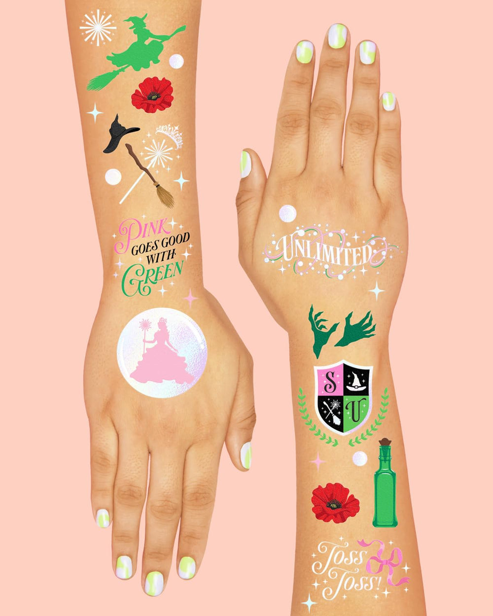 Tatuajes xo Fetti hechizo rosa verde con acabado iridiscente para fiestas.