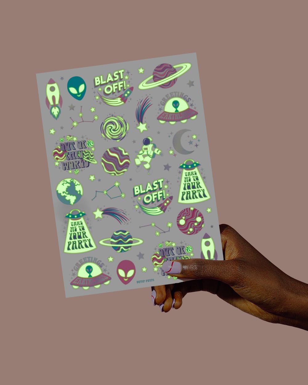Tatuajes xo Fetti planetas coloridos para juego educativo.