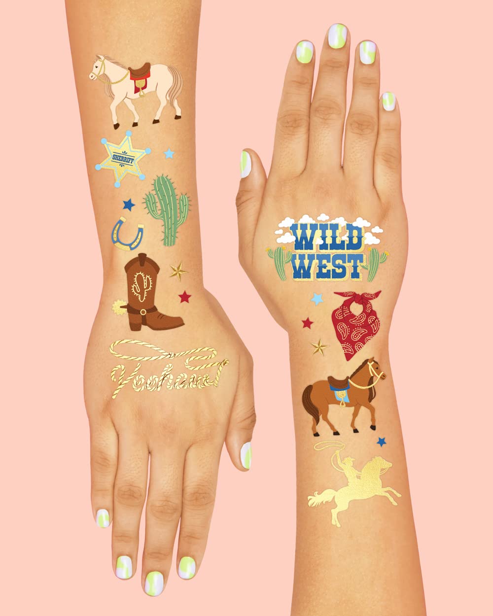 Tatuajes xo Fetti de escenas de rodeo doradas para fiestas.