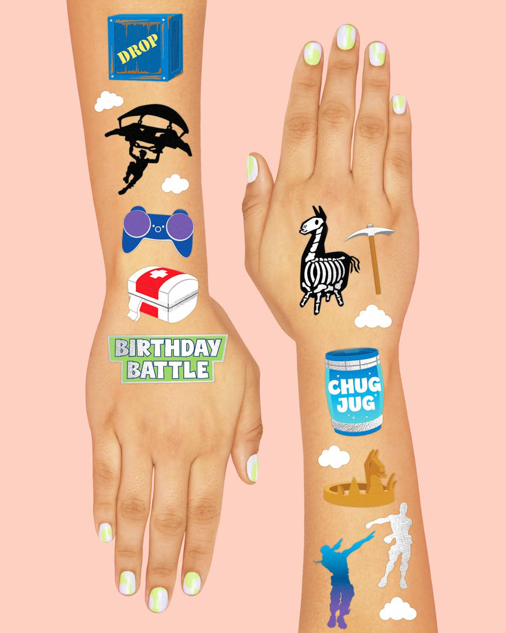 Tatuaje temporal xo-fetti con diseños de videojuego, colores vivos