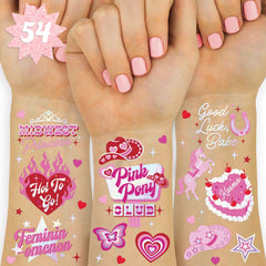 Tatuaje temporal xo Fetti pony rosa con brillo iridiscente para brillar en eventos.