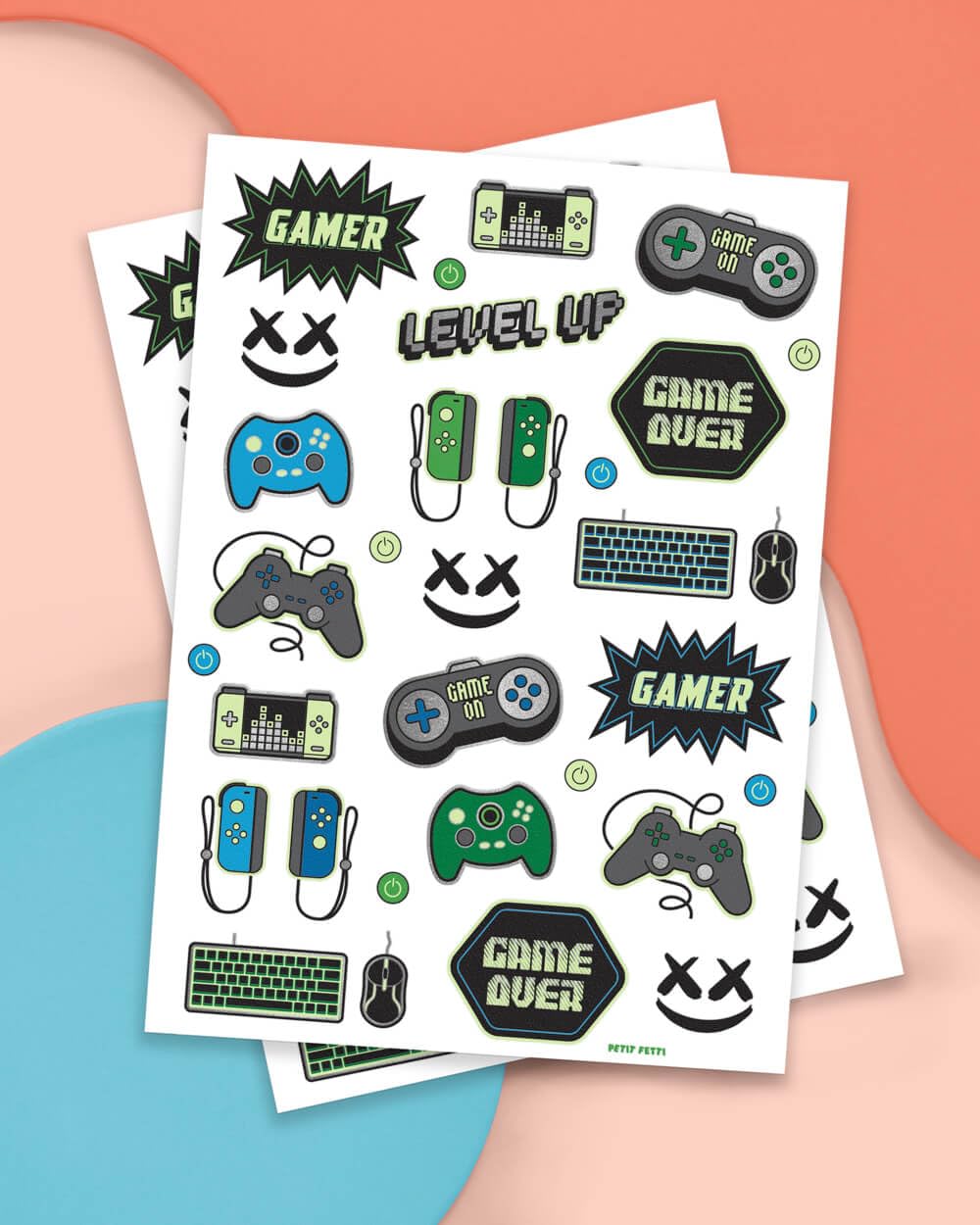 Hoja de tatuajes xo Fetti de videojuegos con 40 diseños coloridos para niños.