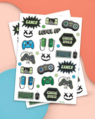 Hoja de tatuajes xo Fetti de videojuegos con 40 diseños coloridos para niños.