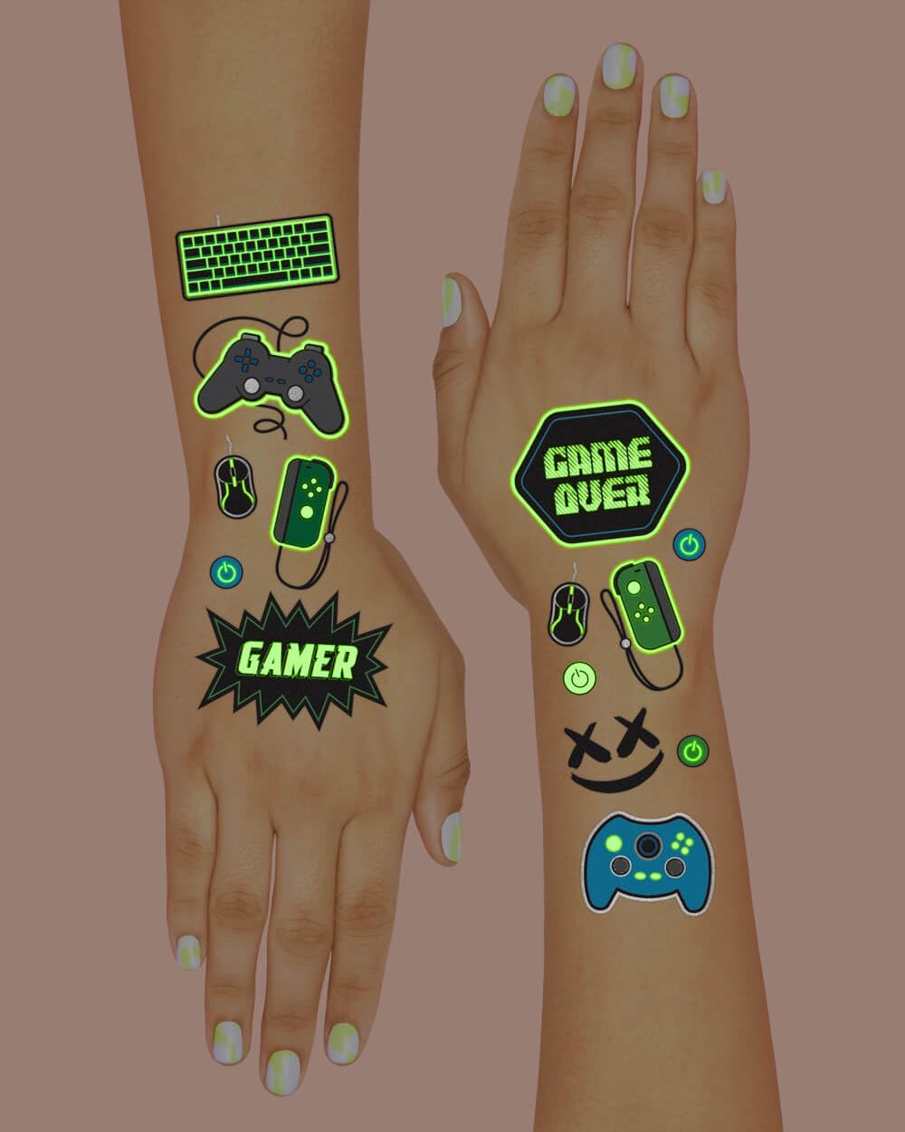 Tatuajes xo Fetti de videojuegos que duran todo el día para celebraciones.