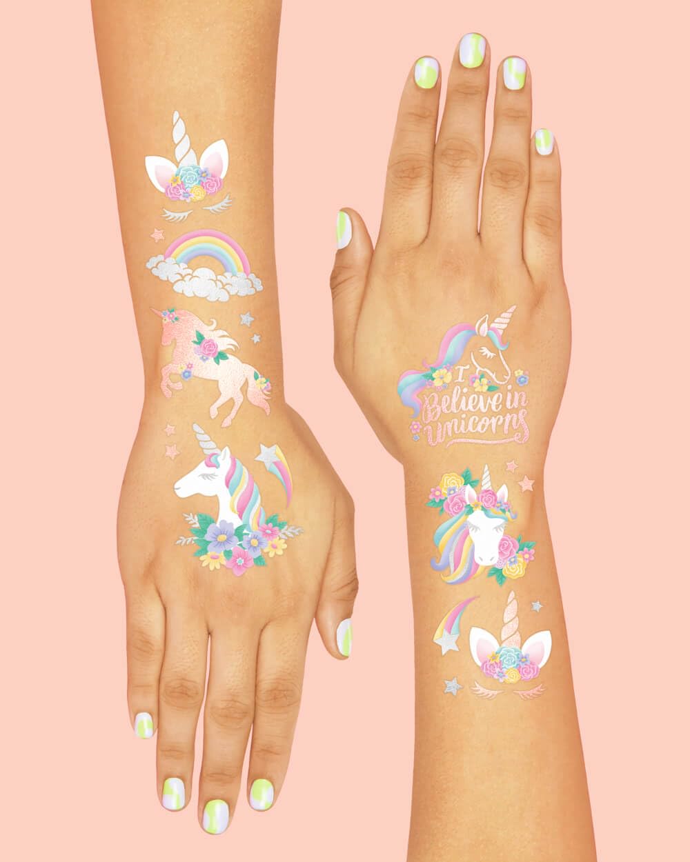 Tatuajes xo Fetti unicornio dos hojas, tamaño práctico.