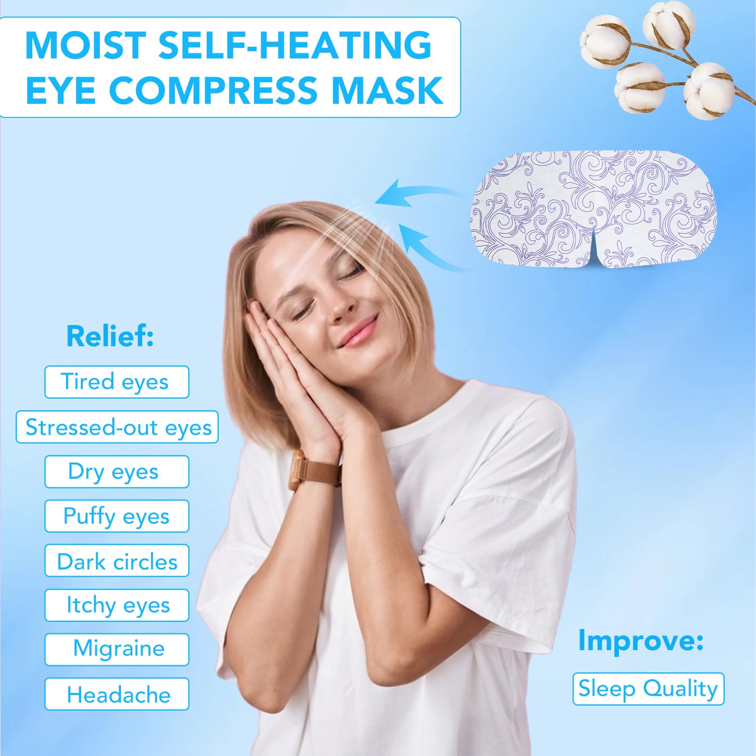 Mascarilla XPCARE con calor constante, mantiene los ojos cálidos durante la relajación.