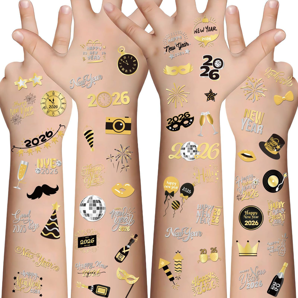 Tatuajes XZENTIRA con fuegos artificiales en negro y dorado para fiesta.