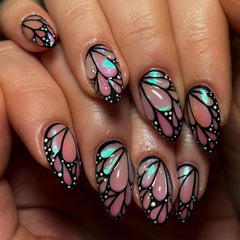 XZMeiLun Uñas postizas mariposa 3D en almendra media, elegancia diaria para tus uñas