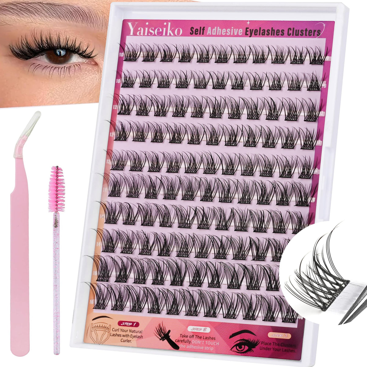 Yaiseiko pestanas racimos autoadhesivas con aplicador para un look natural y cómodo.