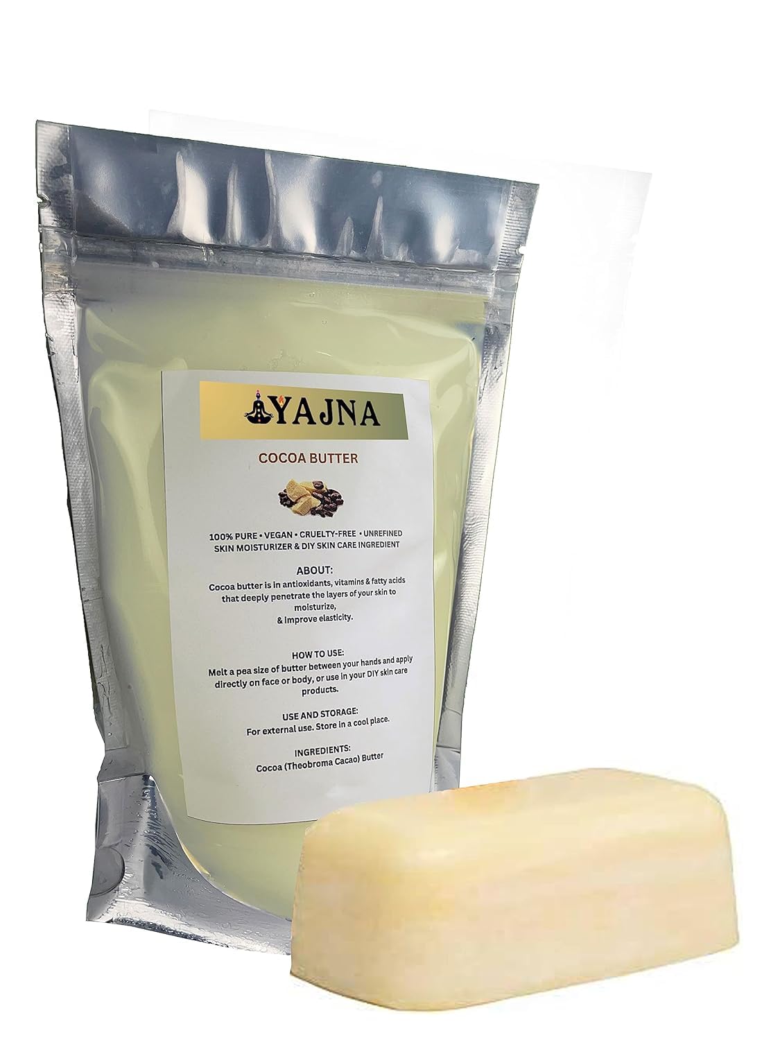 Manteca de cacao cruda Yajna color marfil-blanco, pureza Grado A.
