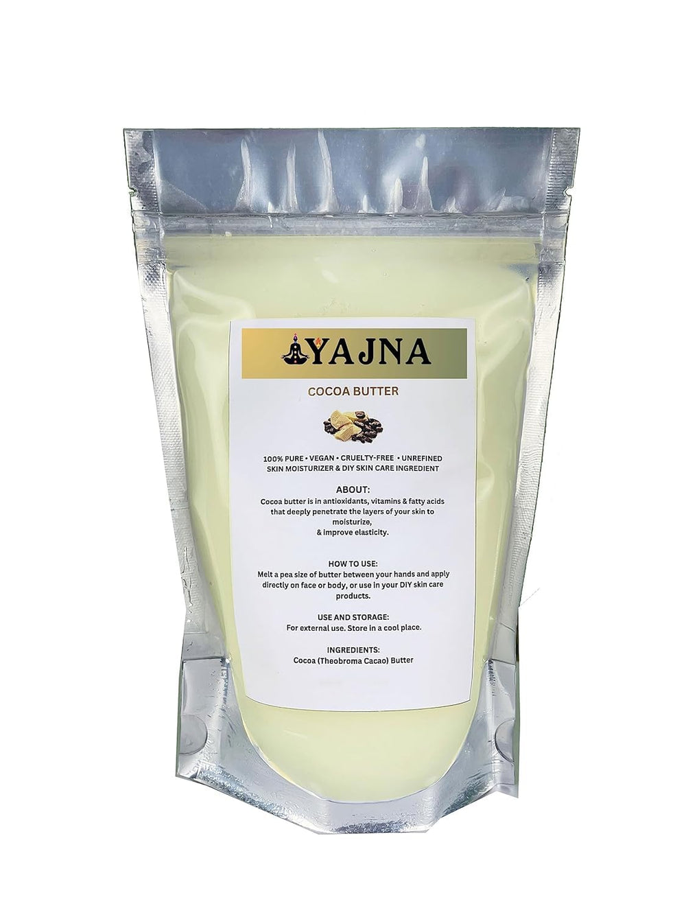 Manteca de cacao cruda de Yajna en pote, hidratación suave para piel seca.