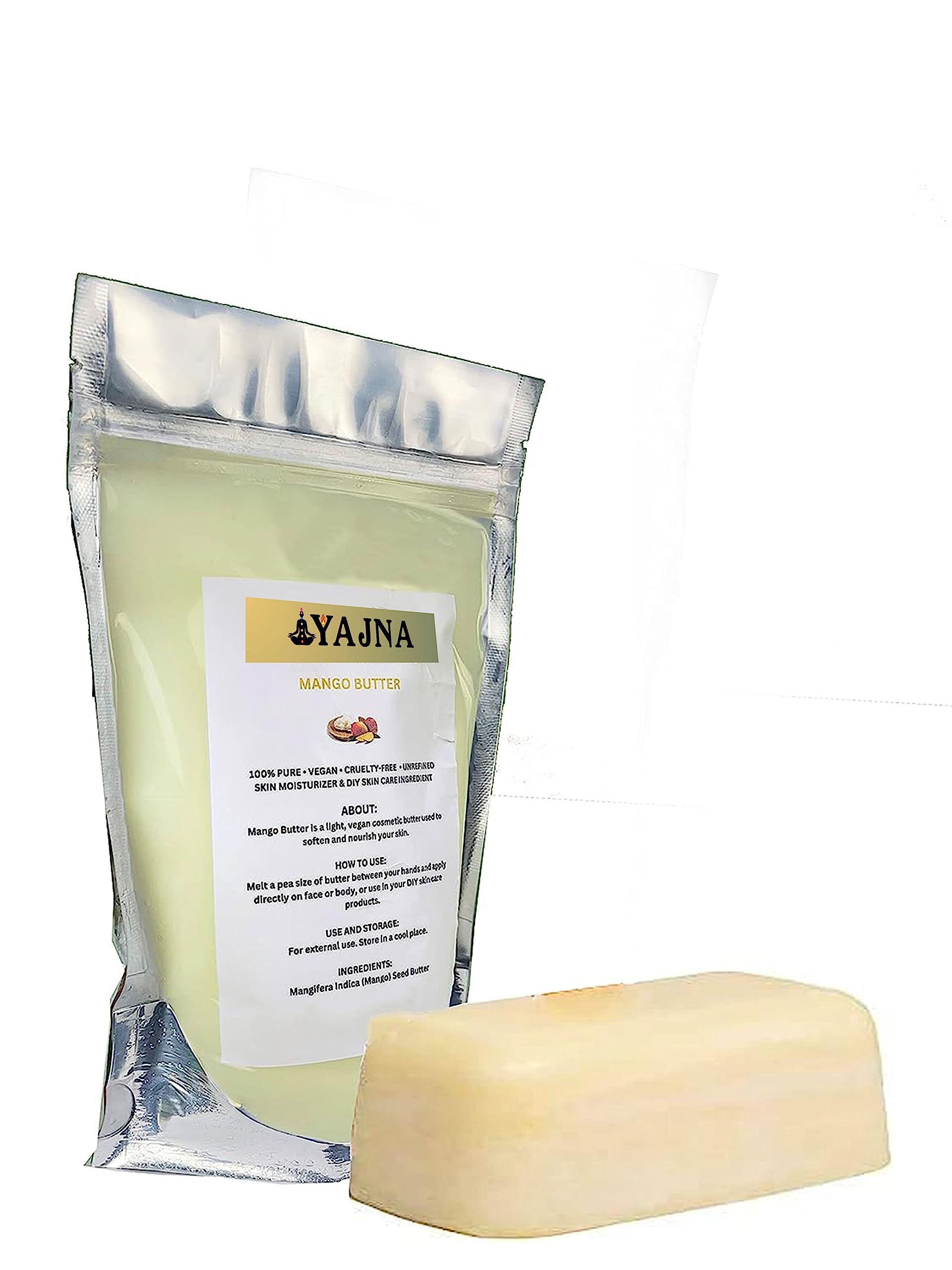 Manteca de mango de Yajna, textura cremosa, aplicación suave y absorción rápida.