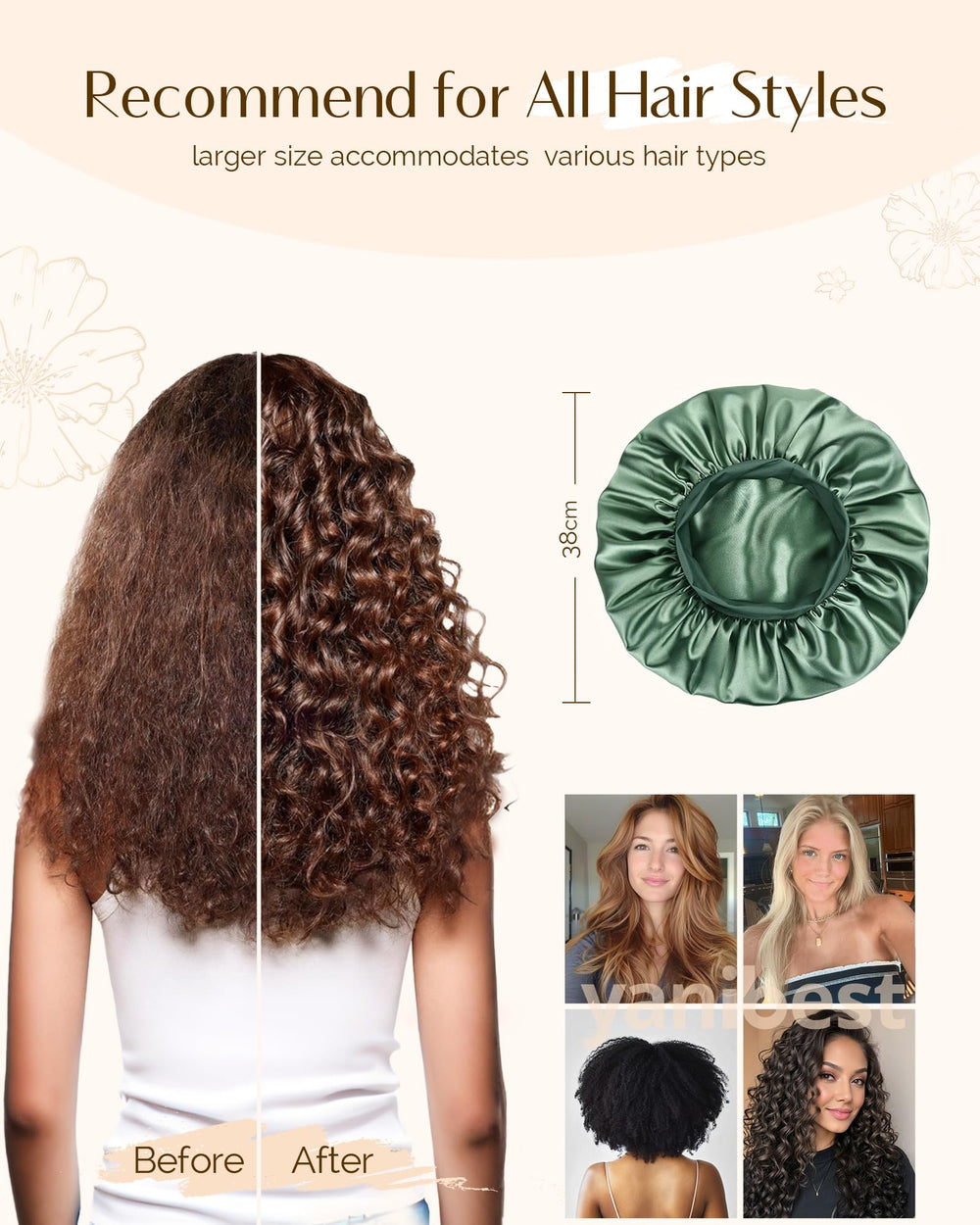 Yanibest bonete para dormir protege el cabello evitando enredos durante la noche.