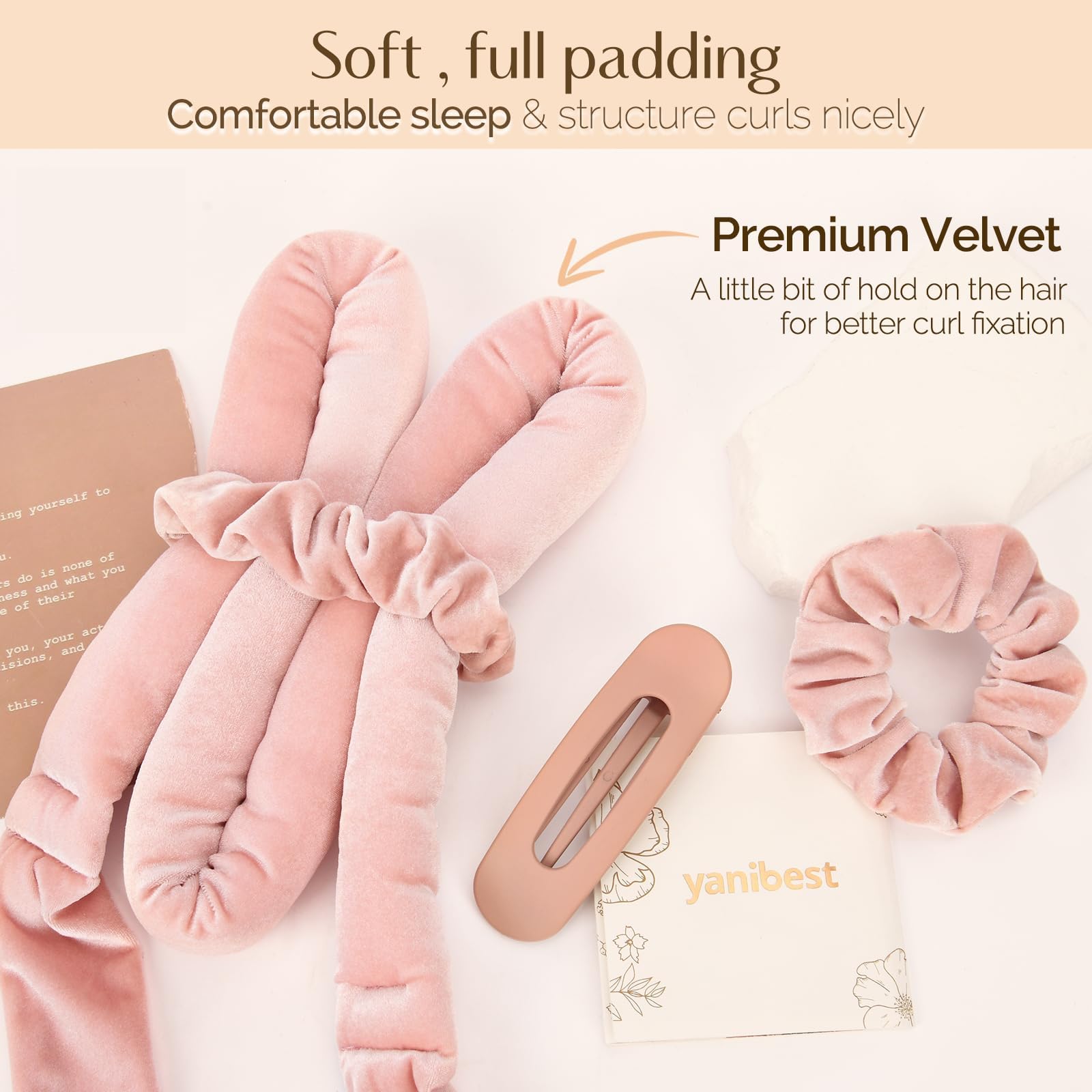 Yanibest rizador sin calor rosa, scrunchies de terciopelo para peinados cómodos.