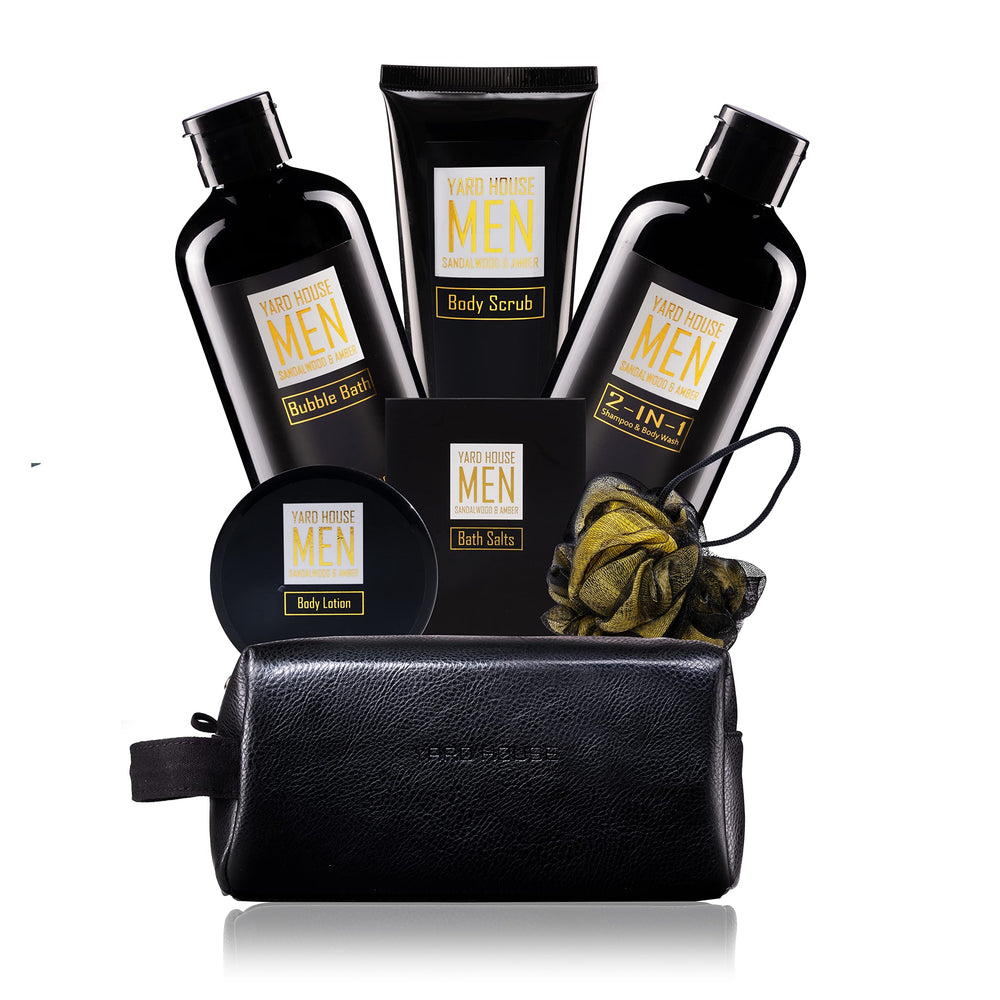 Coffret Yard House pour homme avec trousse de toilette en cuir et parfum santal-ambre.