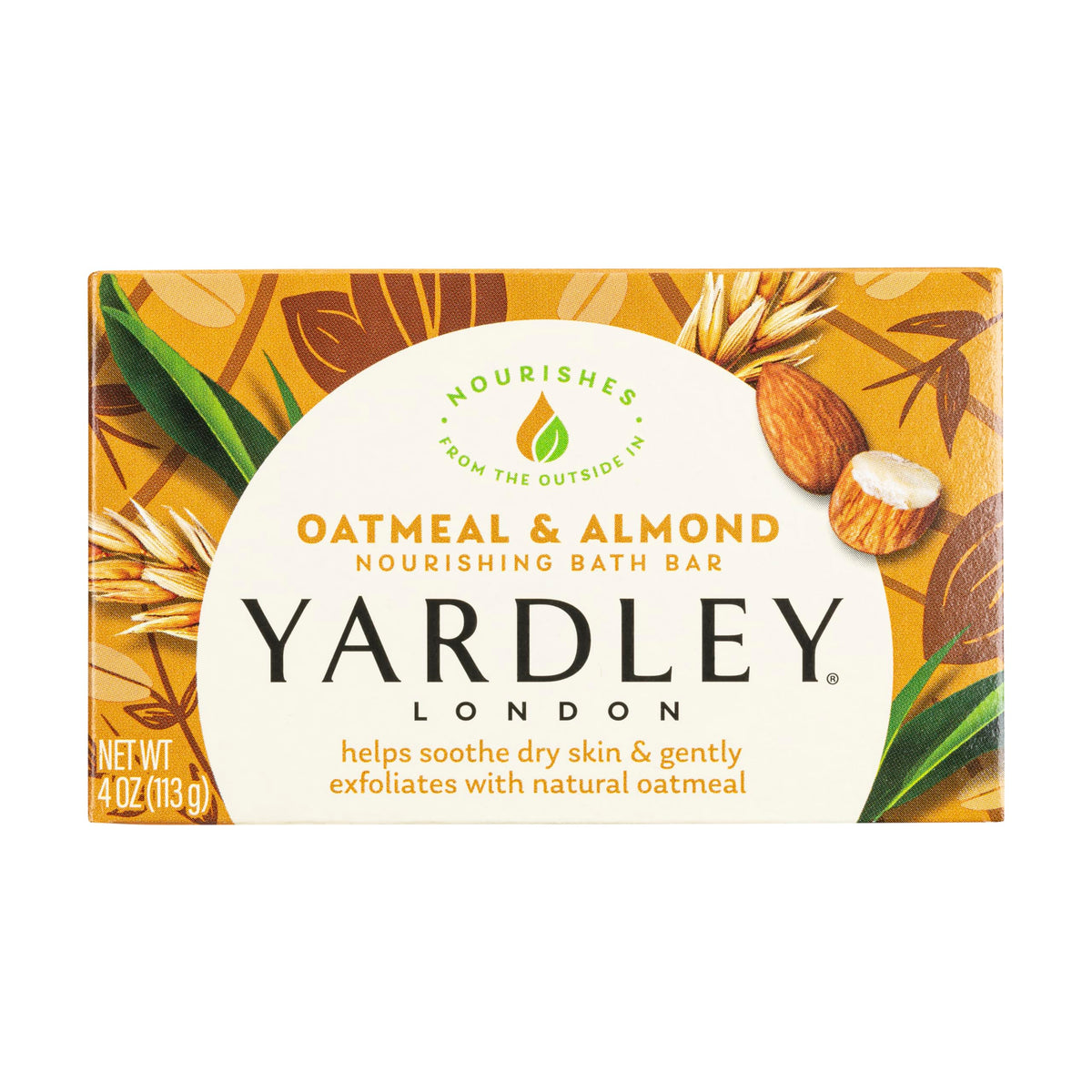 Jabón Yardley avena y almendra, vista frontal, hidrata la piel para el día