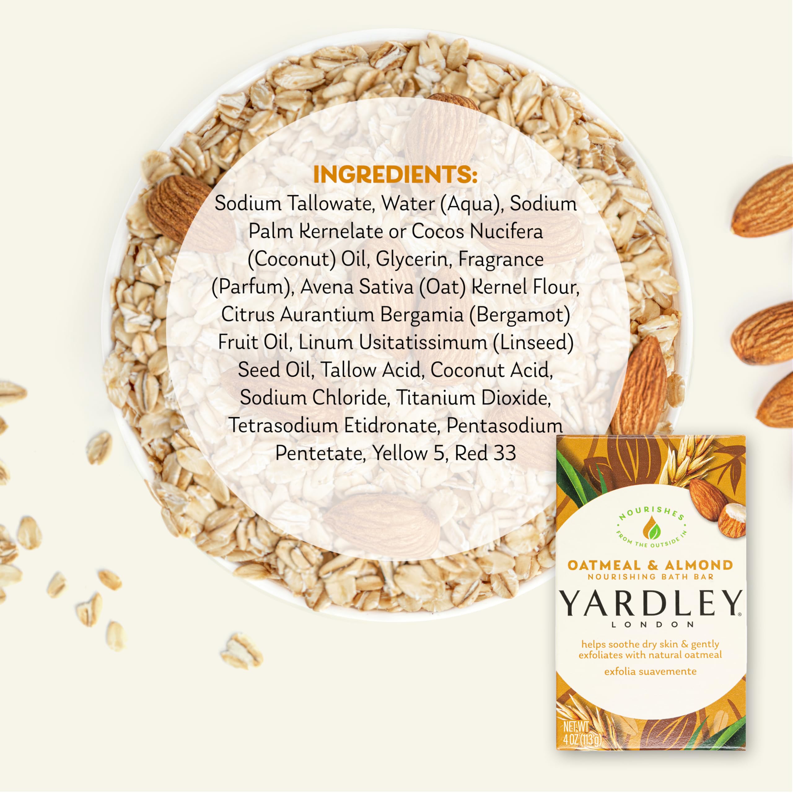 Jabón Yardley avena y almendra, uso diario en ducha para suavidad