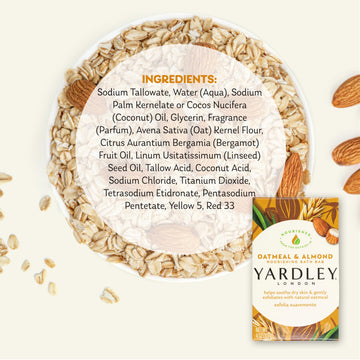 Jabón Yardley avena y almendra, uso diario en ducha para suavidad