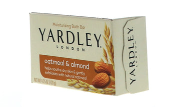 Yardley barra jabón avena-almendra, empaque externo visible para venta al detalle.