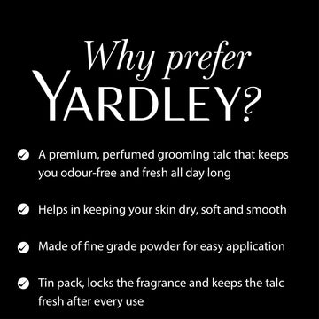Yardley Elegance talco perfumado con fragancia delicada que perdura durante el día.