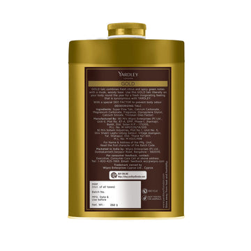 Envase de 250 g de Yardley London Gold Talco con diseño clásico.