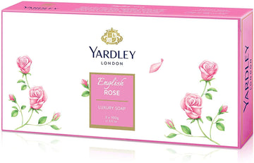 Jabón Yardley rosa inglesa en caja con tres barras, ideal para uso diario.