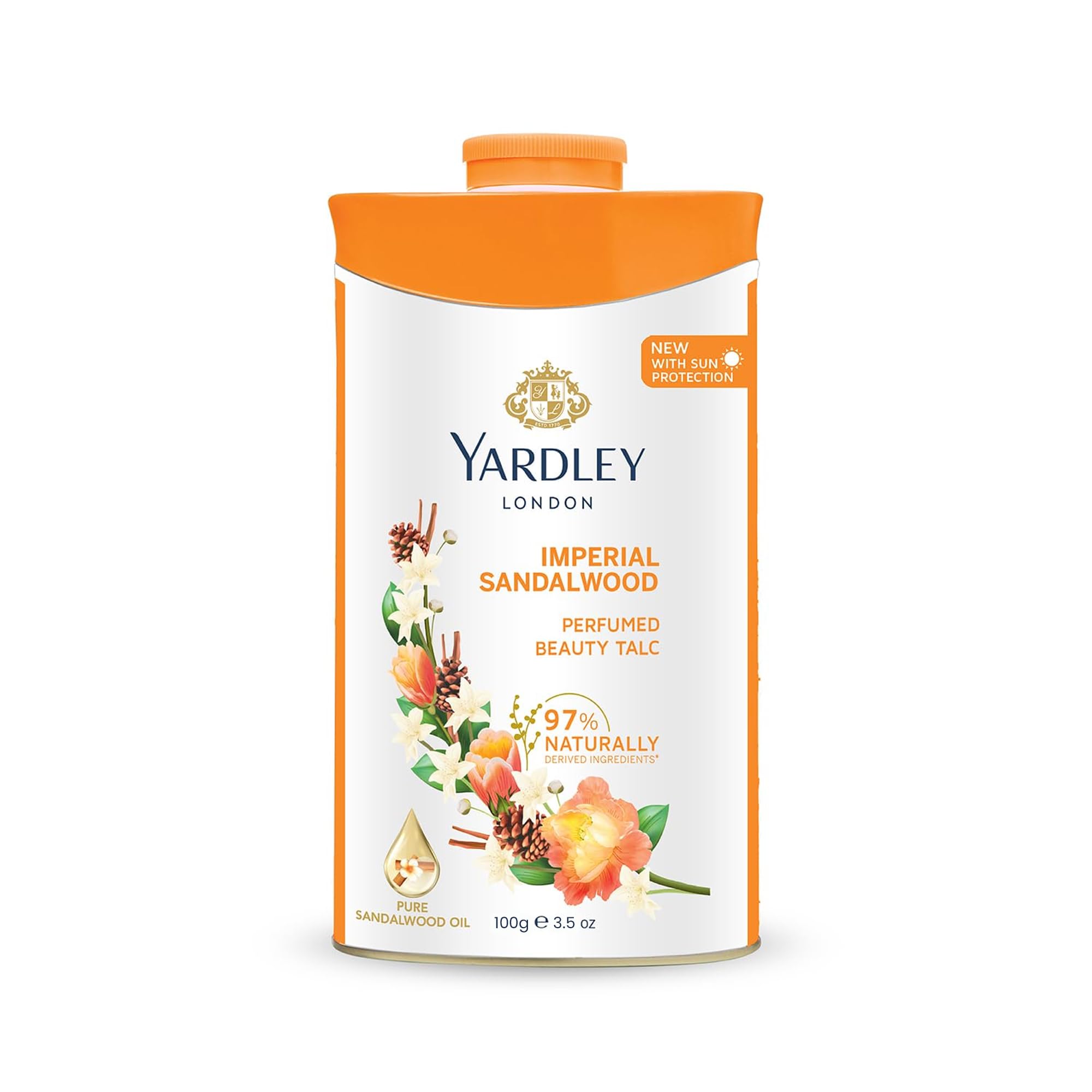 Yardley London talco perfumado sándalo, bote de 100 g para piel suave.