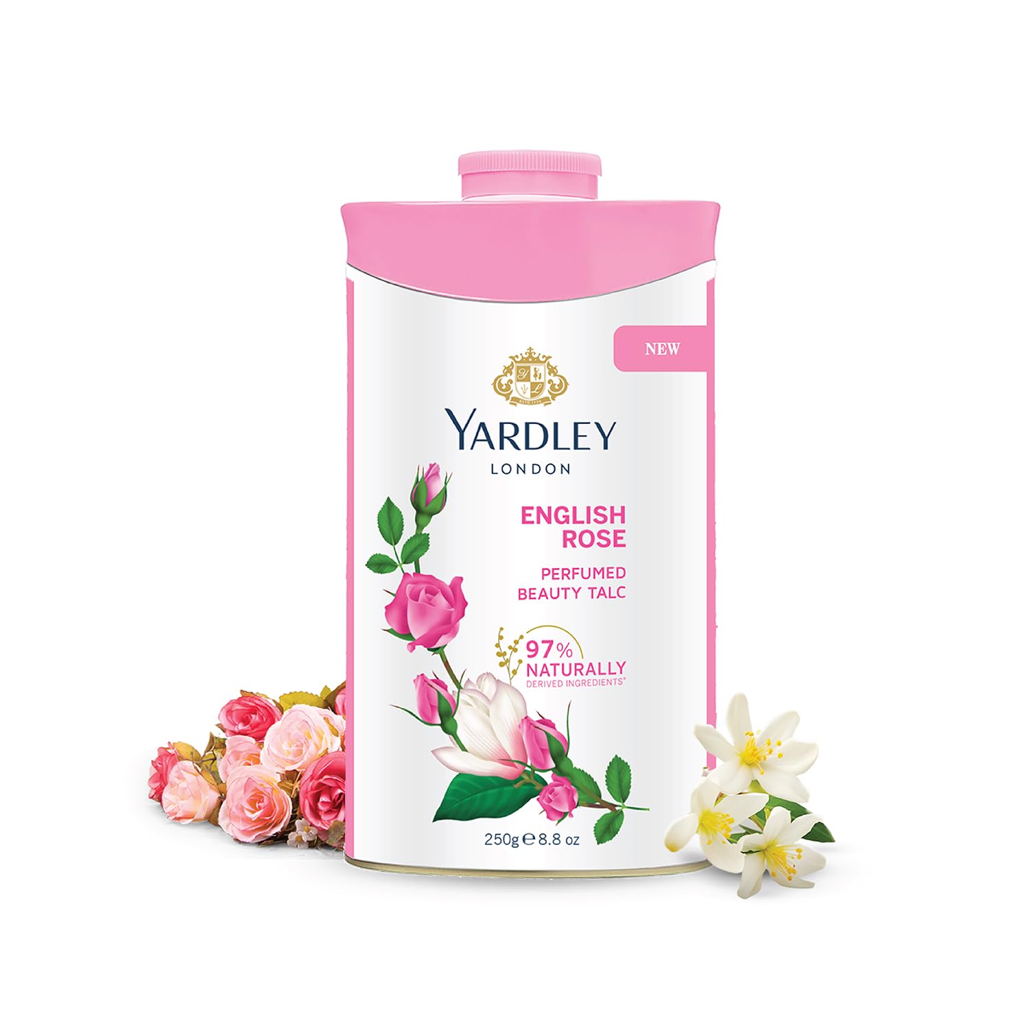 Yardley Rosa Inglesa Talco, empaque elegante para uso diario suave.