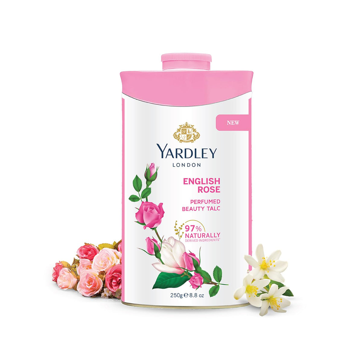 Yardley Rosa Inglesa Talco, empaque elegante para uso diario suave.