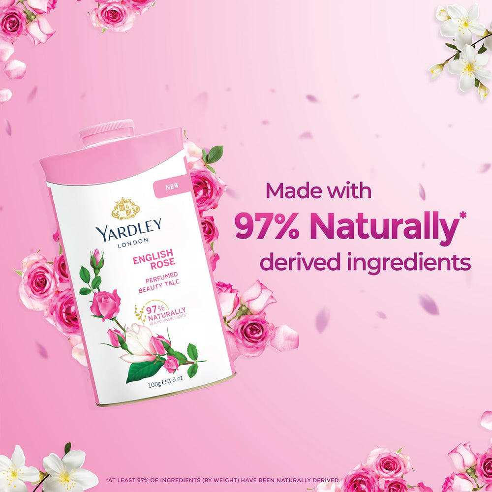 Yardley Rosa Inglesa Talco, envase compacto para llevar en la bolsa.